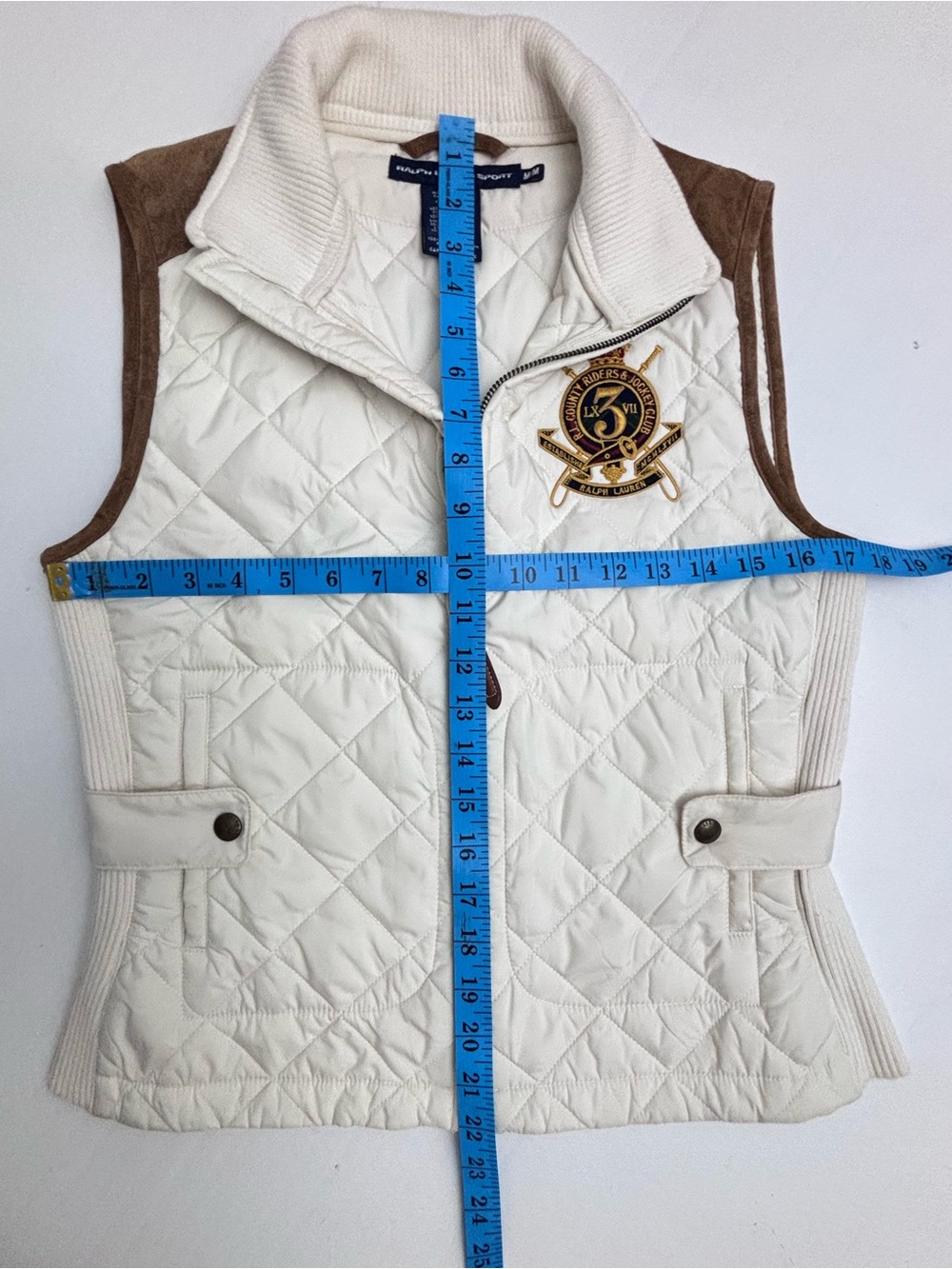 Polo by Ralph Lauren Sport Quilted Vest Suede Cream Equestrian Old Money Medium - Picture 12 of 13